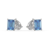 Blue Emerald-Cut and Pear Diamond Two Tone Stud Earrings