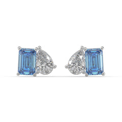 Blue Emerald-Cut and Pear Diamond Two Tone Stud Earrings