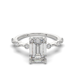 Emerald-Cut Diamond Hidden Halo Engagement Ring with Round Accent Diamonds
