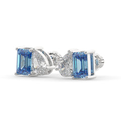 Blue Emerald-Cut and Pear Diamond Two Tone Stud Earrings