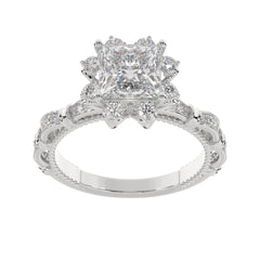 Vintage-Inspired Princess Halo Ring with Floral Diamond Accents