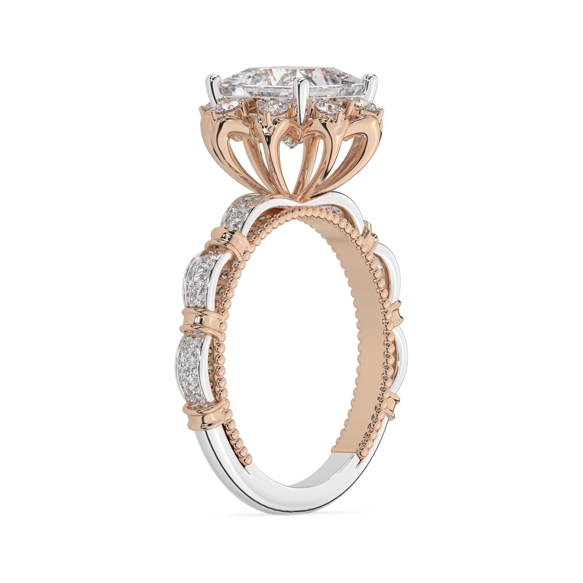 Vintage-Inspired Princess Halo Ring with Floral Diamond Accents