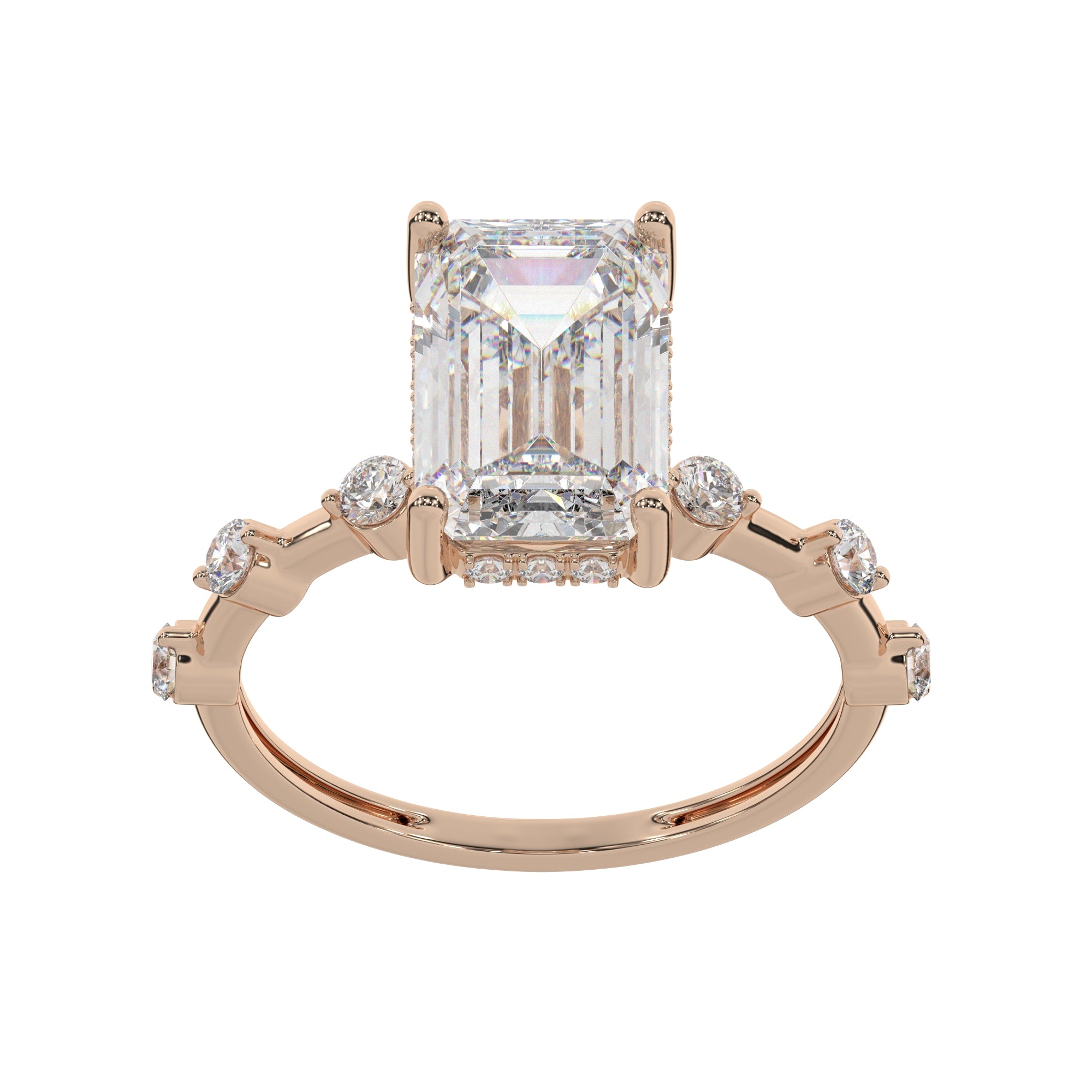 Emerald-Cut Diamond Hidden Halo Engagement Ring with Round Accent Diamonds