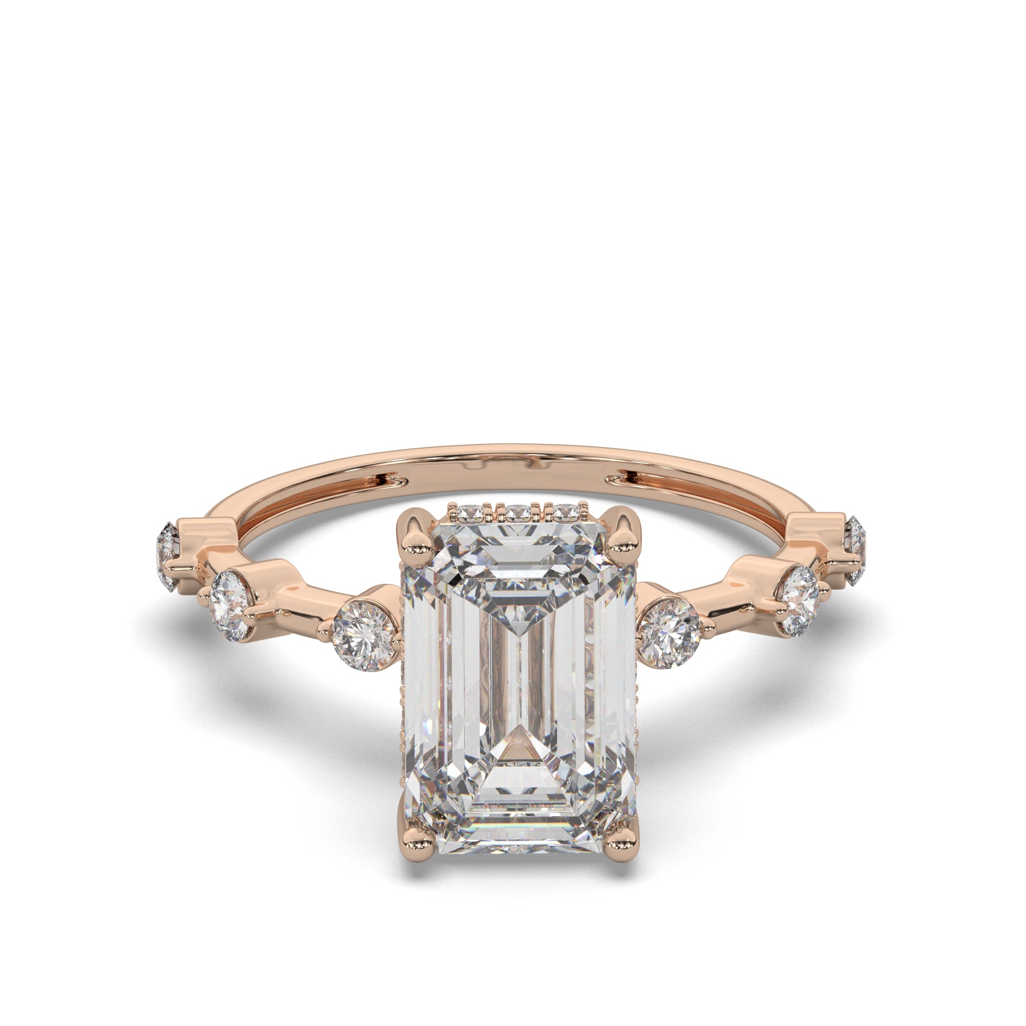 Emerald-Cut Diamond Hidden Halo Engagement Ring with Round Accent Diamonds