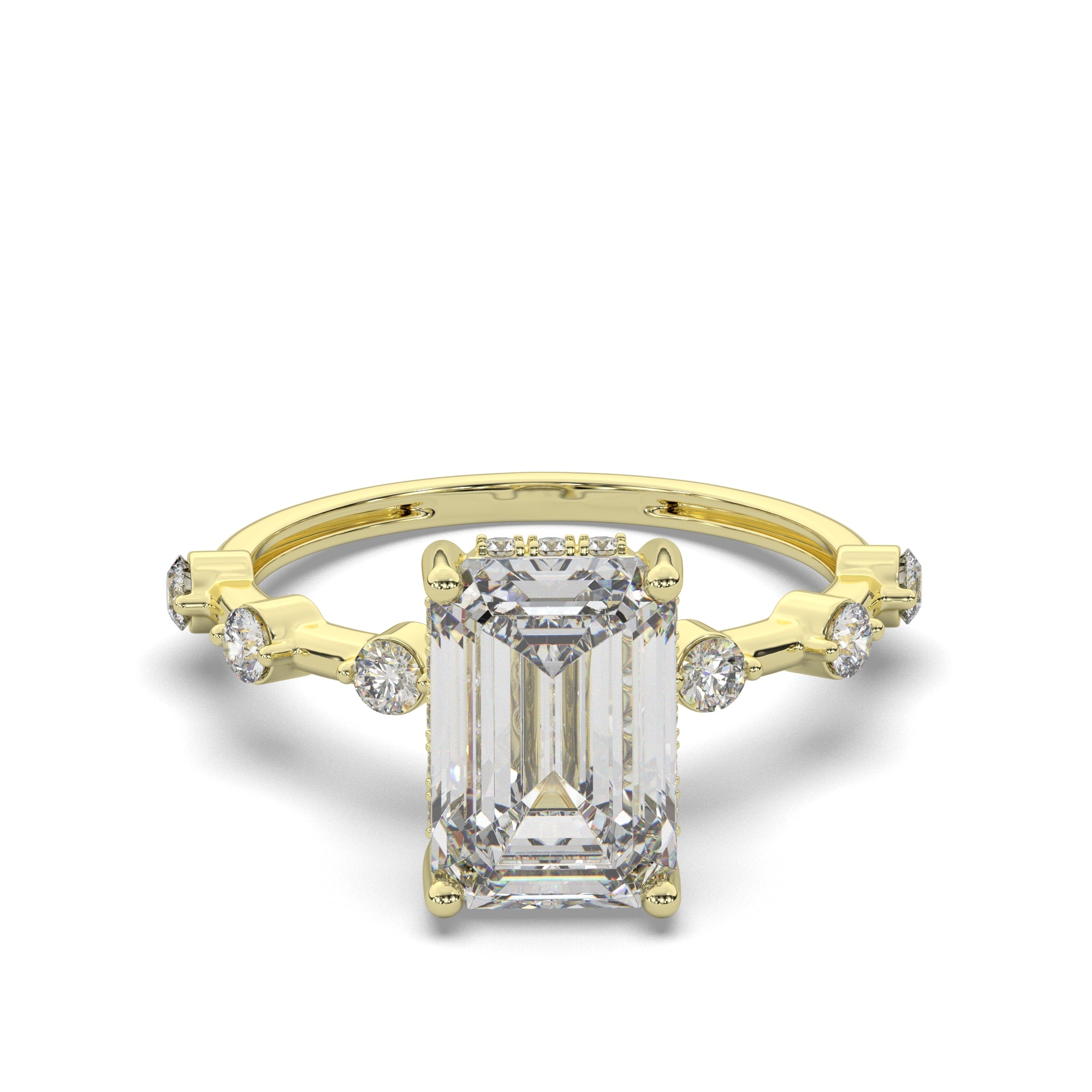 Emerald-Cut Diamond Hidden Halo Engagement Ring with Round Accent Diamonds