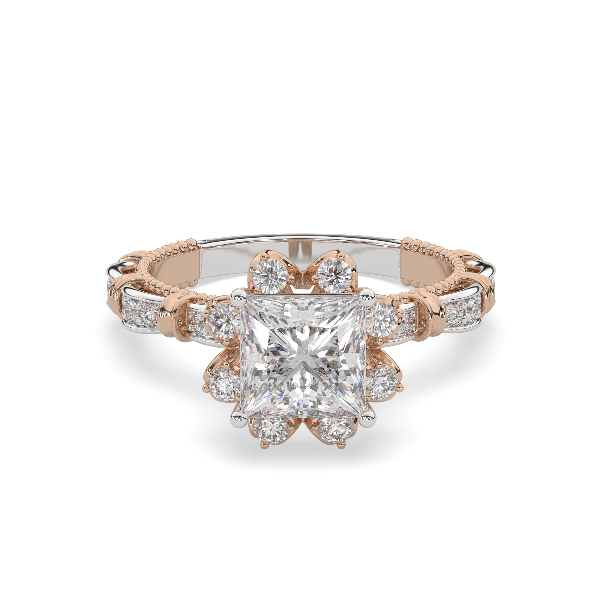 Vintage-Inspired Princess Halo Ring with Floral Diamond Accents