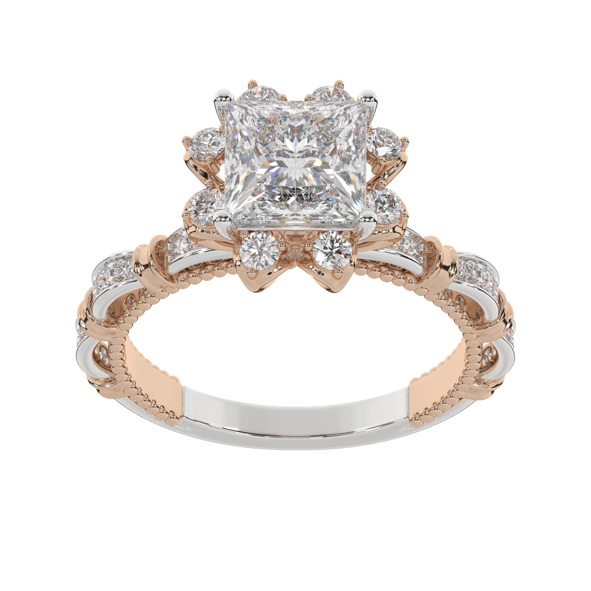 Vintage-Inspired Princess Halo Ring with Floral Diamond Accents