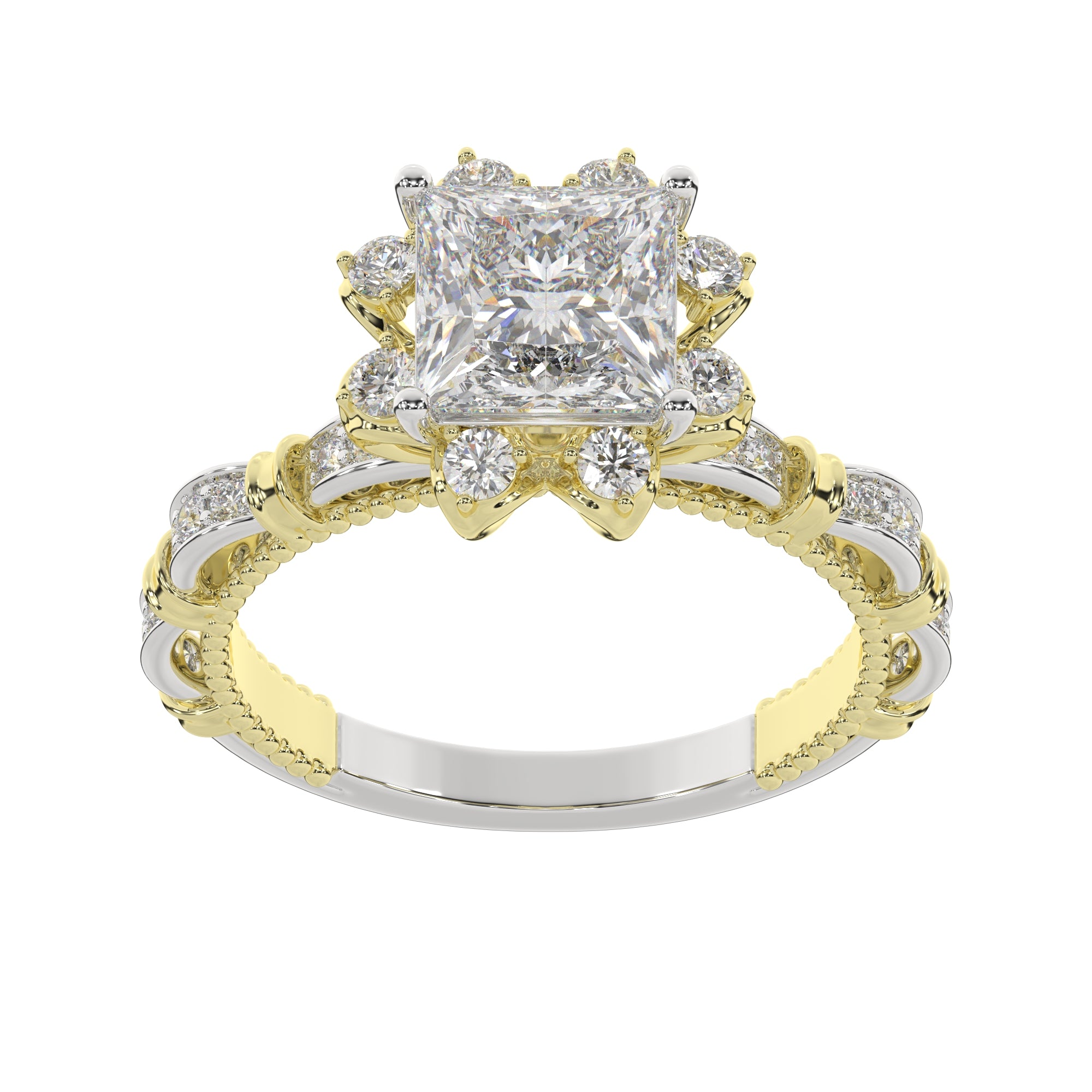 Vintage-Inspired Princess Halo Ring with Floral Diamond Accents