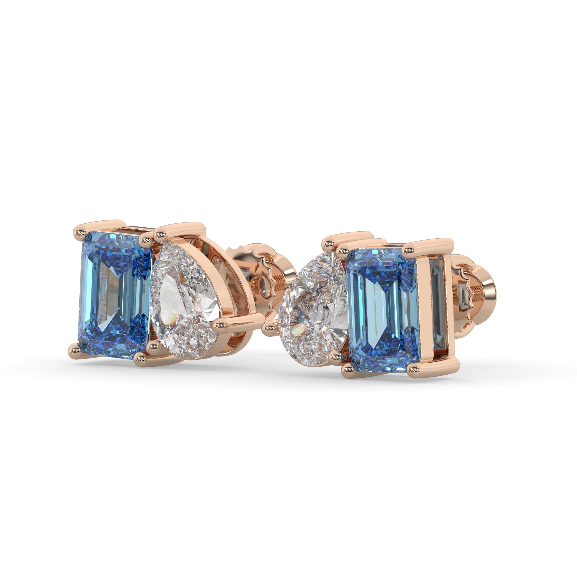 Blue Emerald-Cut and Pear Diamond Two Tone Stud Earrings