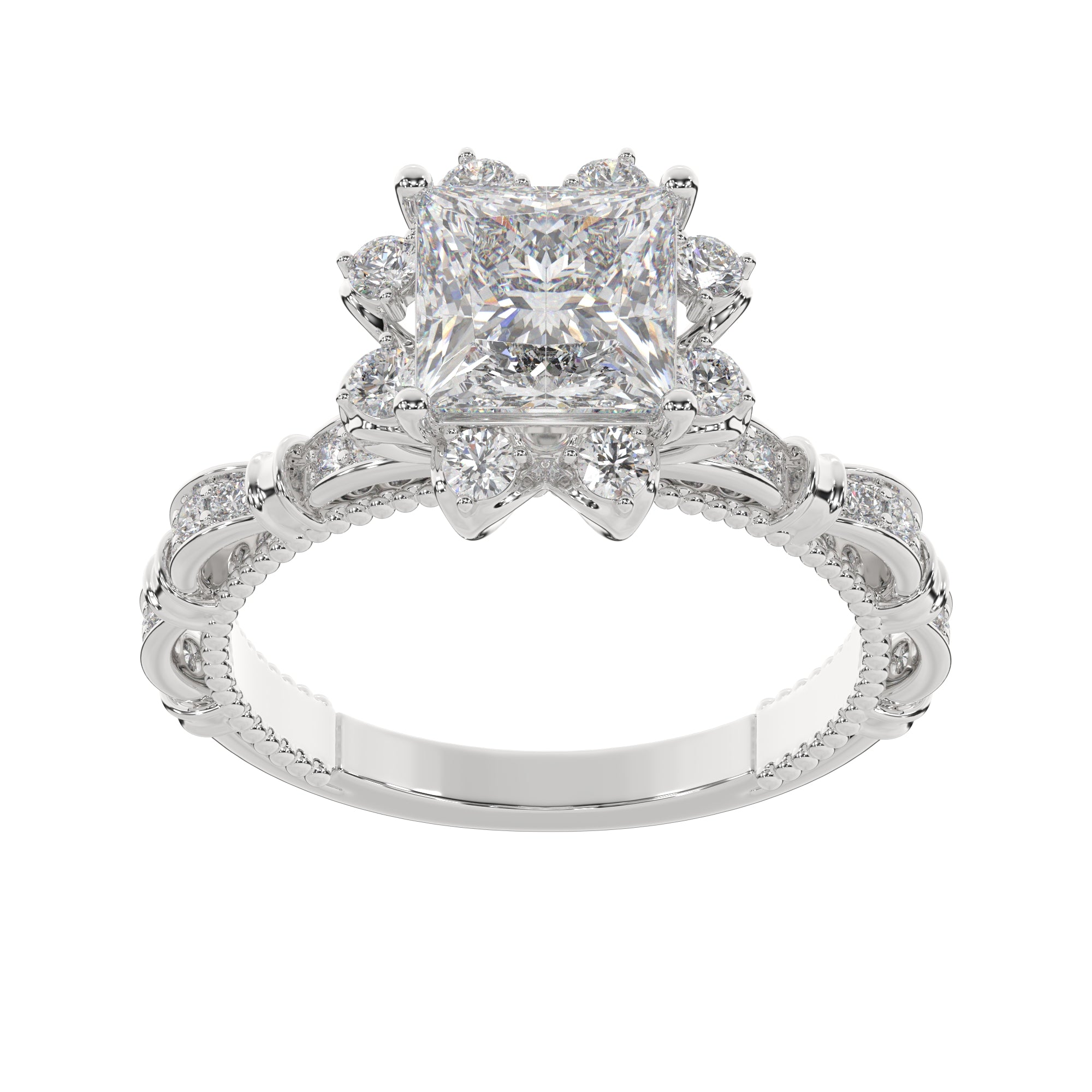 Vintage-Inspired Princess Halo Ring with Floral Diamond Accents