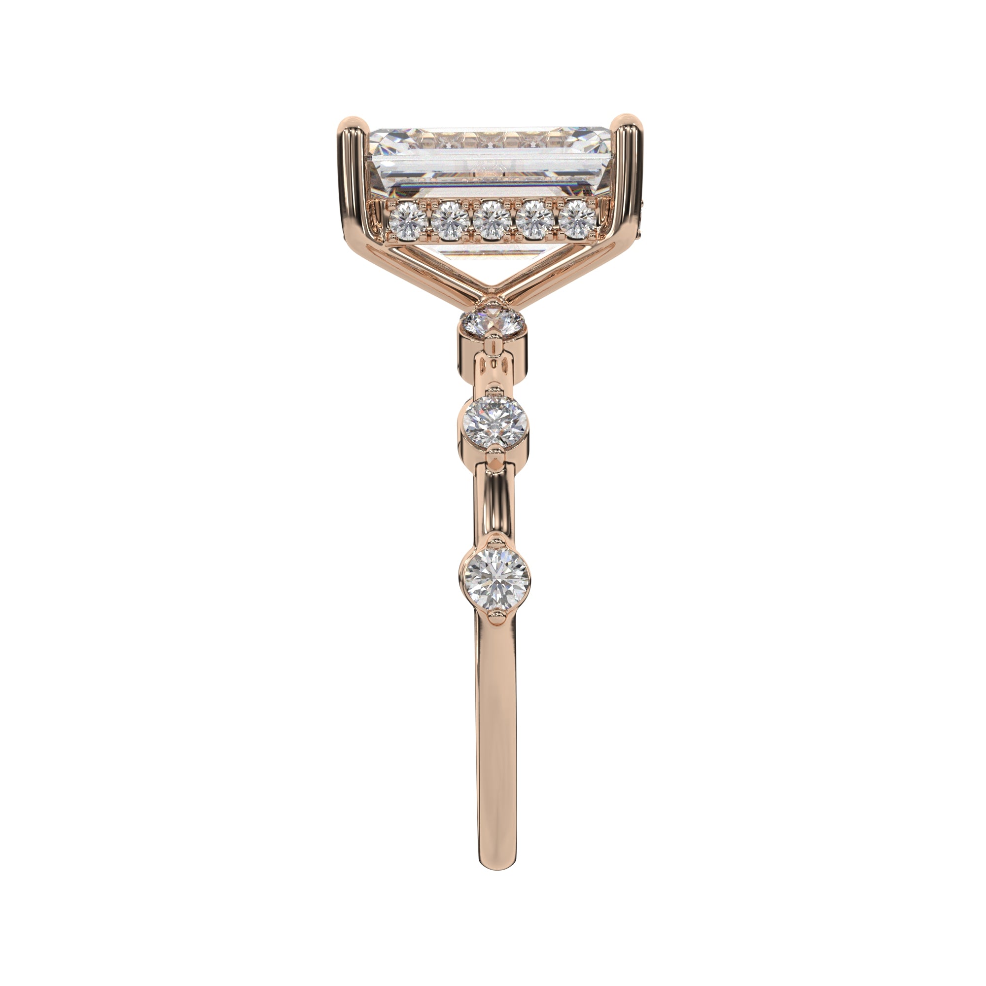 Emerald-Cut Diamond Hidden Halo Engagement Ring with Round Accent Diamonds