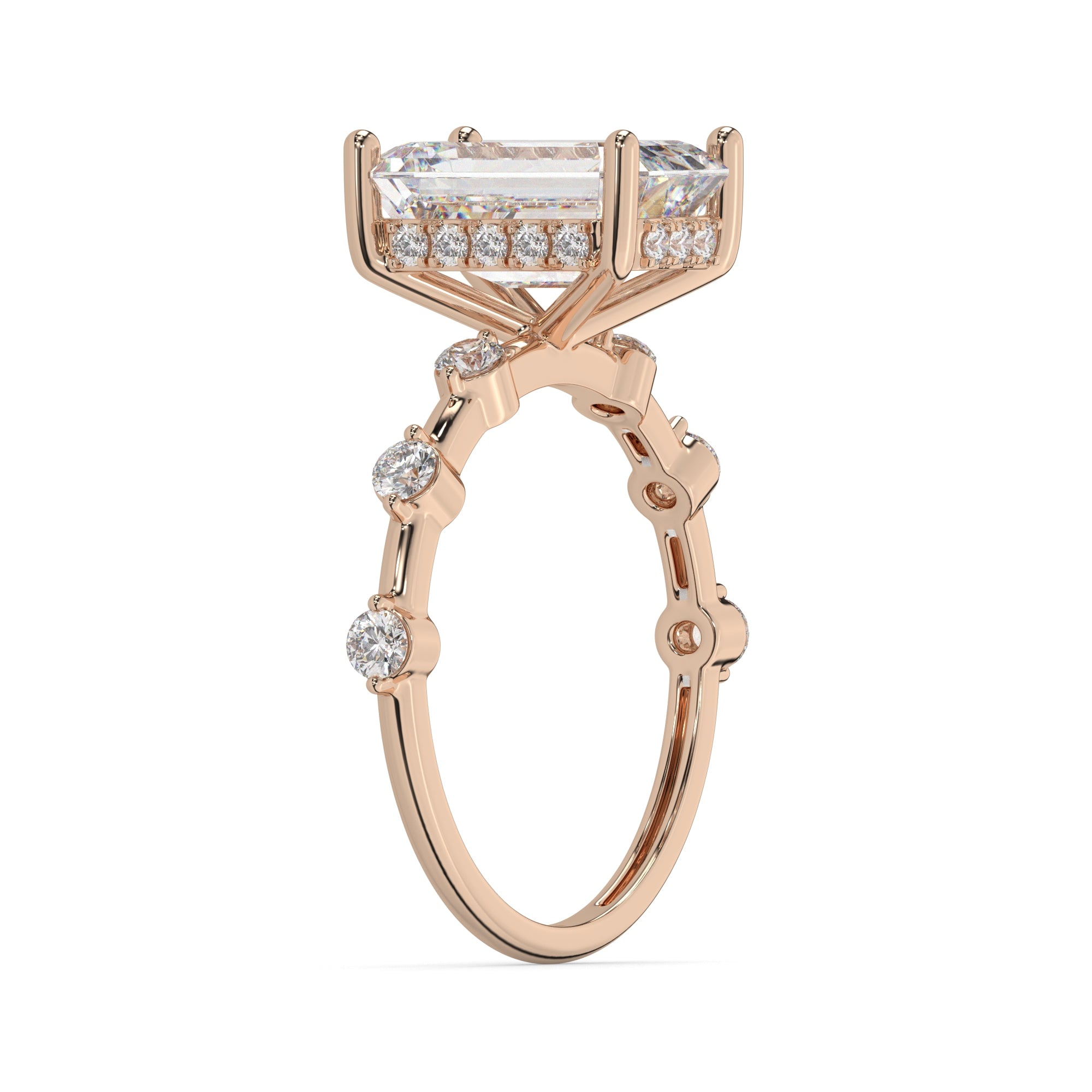 Emerald-Cut Diamond Hidden Halo Engagement Ring with Round Accent Diamonds