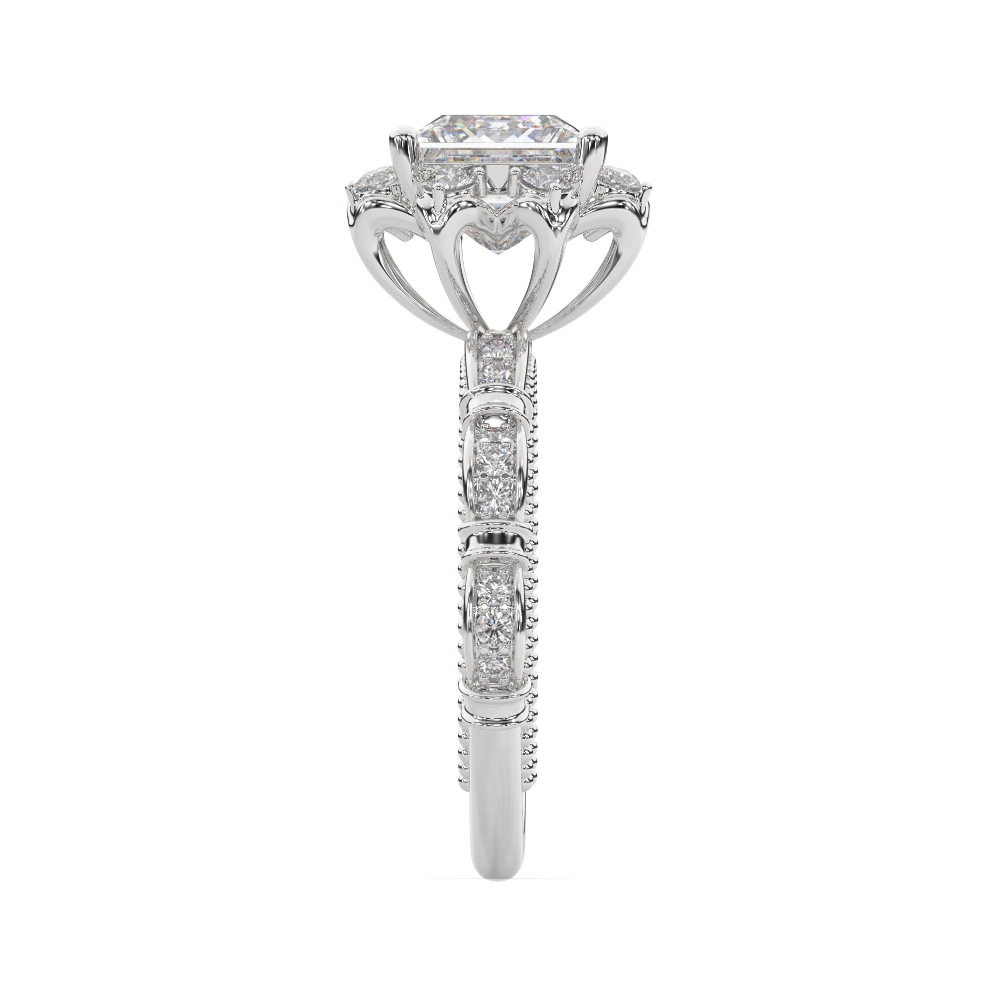 Vintage-Inspired Princess Halo Ring with Floral Diamond Accents