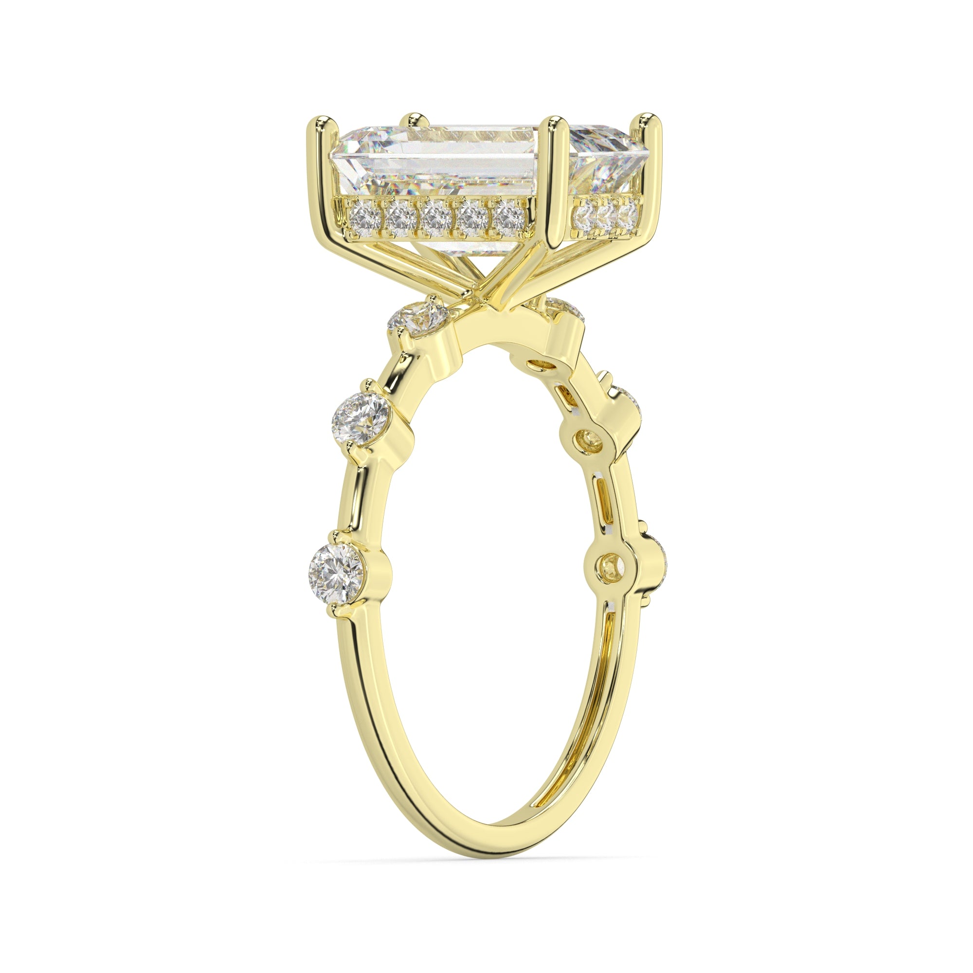 Emerald-Cut Diamond Hidden Halo Engagement Ring with Round Accent Diamonds