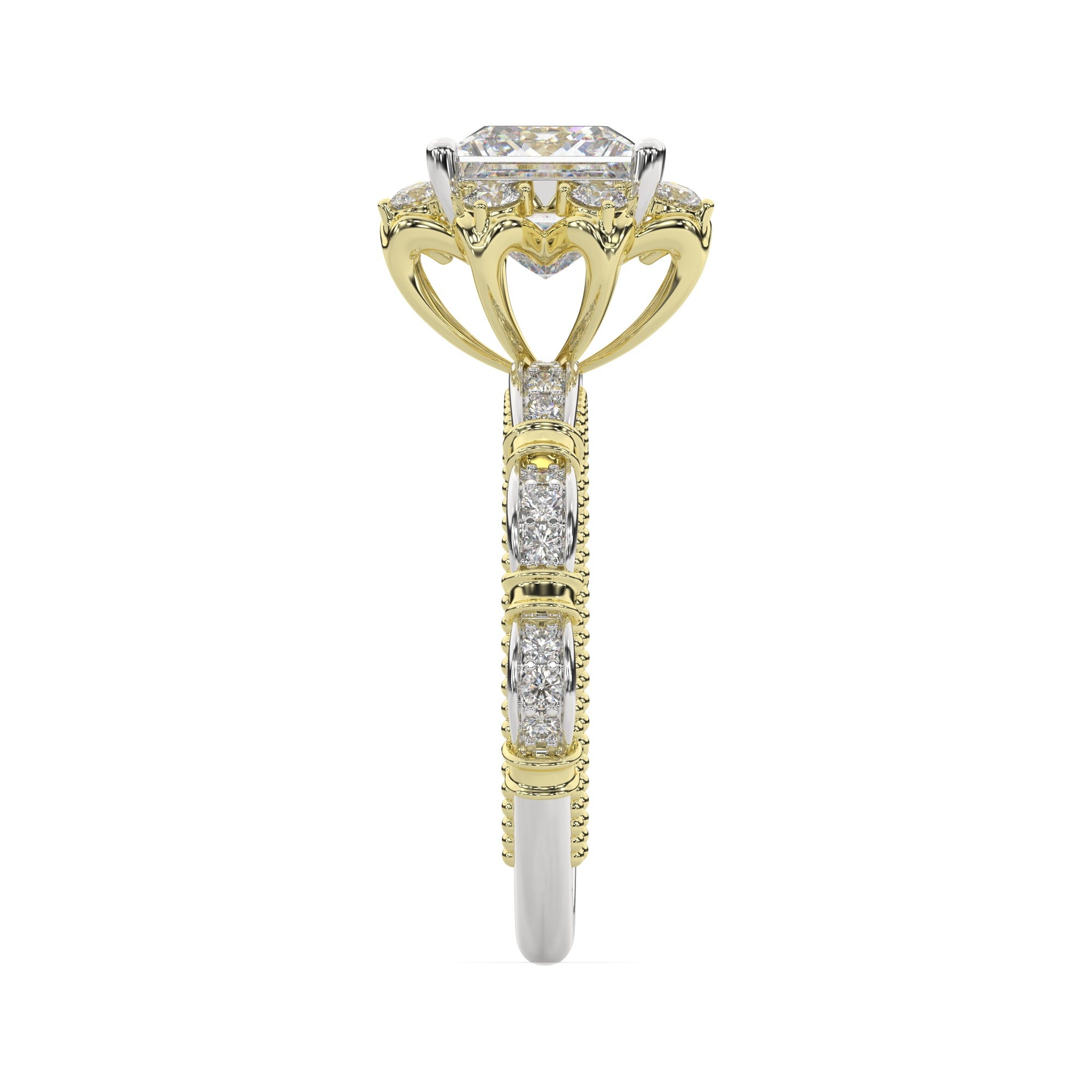 Vintage-Inspired Princess Halo Ring with Floral Diamond Accents